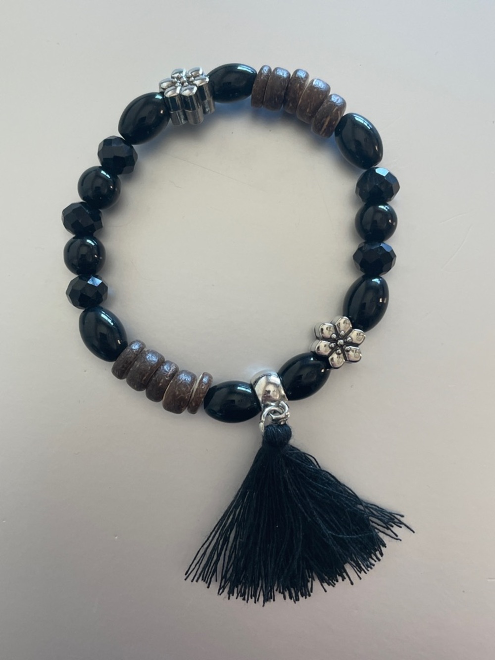 Black Beaded Tassel Bracelet with Brown Accents